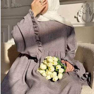 Grey Modest Dress with Ruffle Sleeves